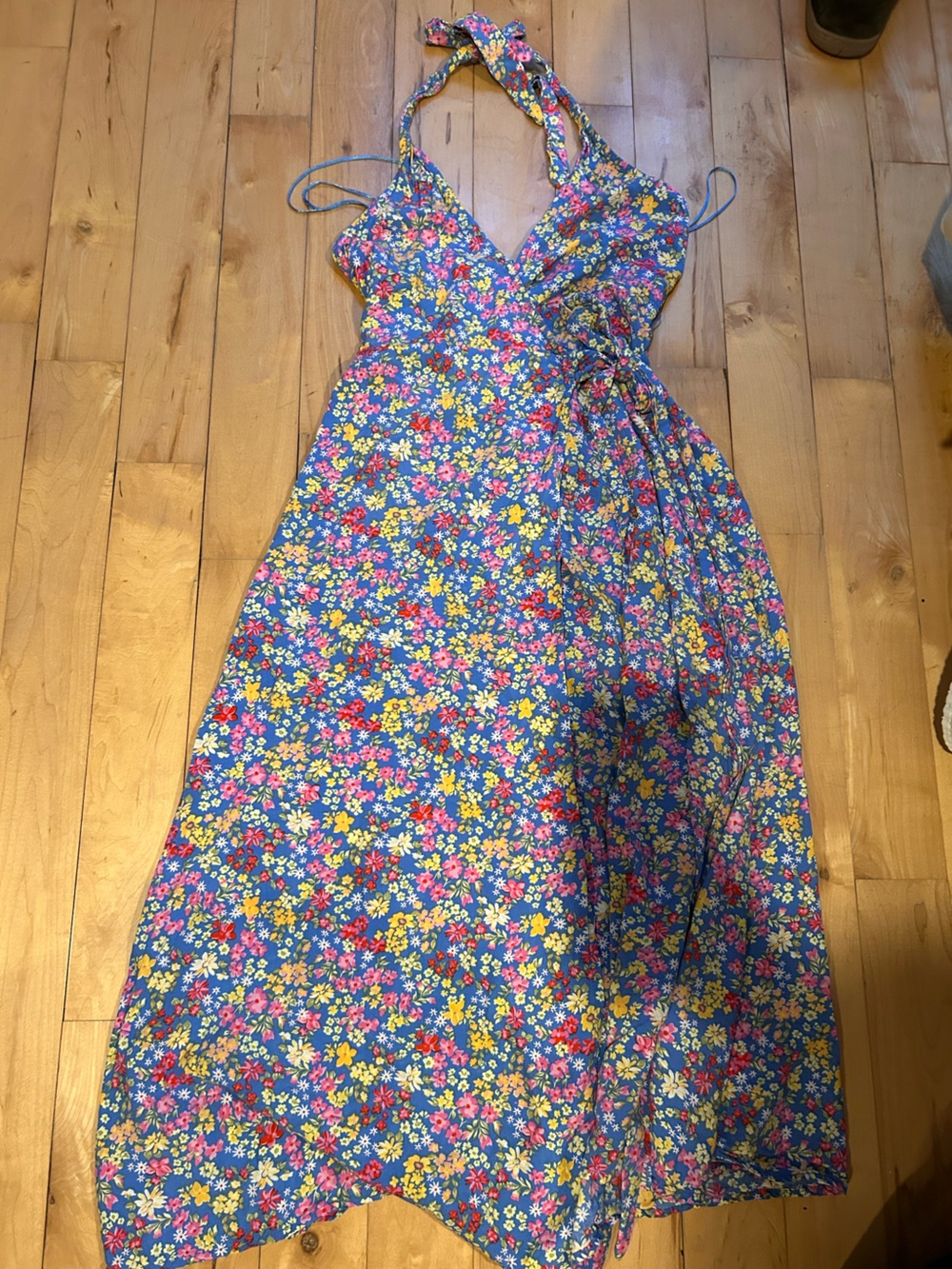 Billabong Blue Floral Halter Wrap Dress with Yellow & Pink Accents